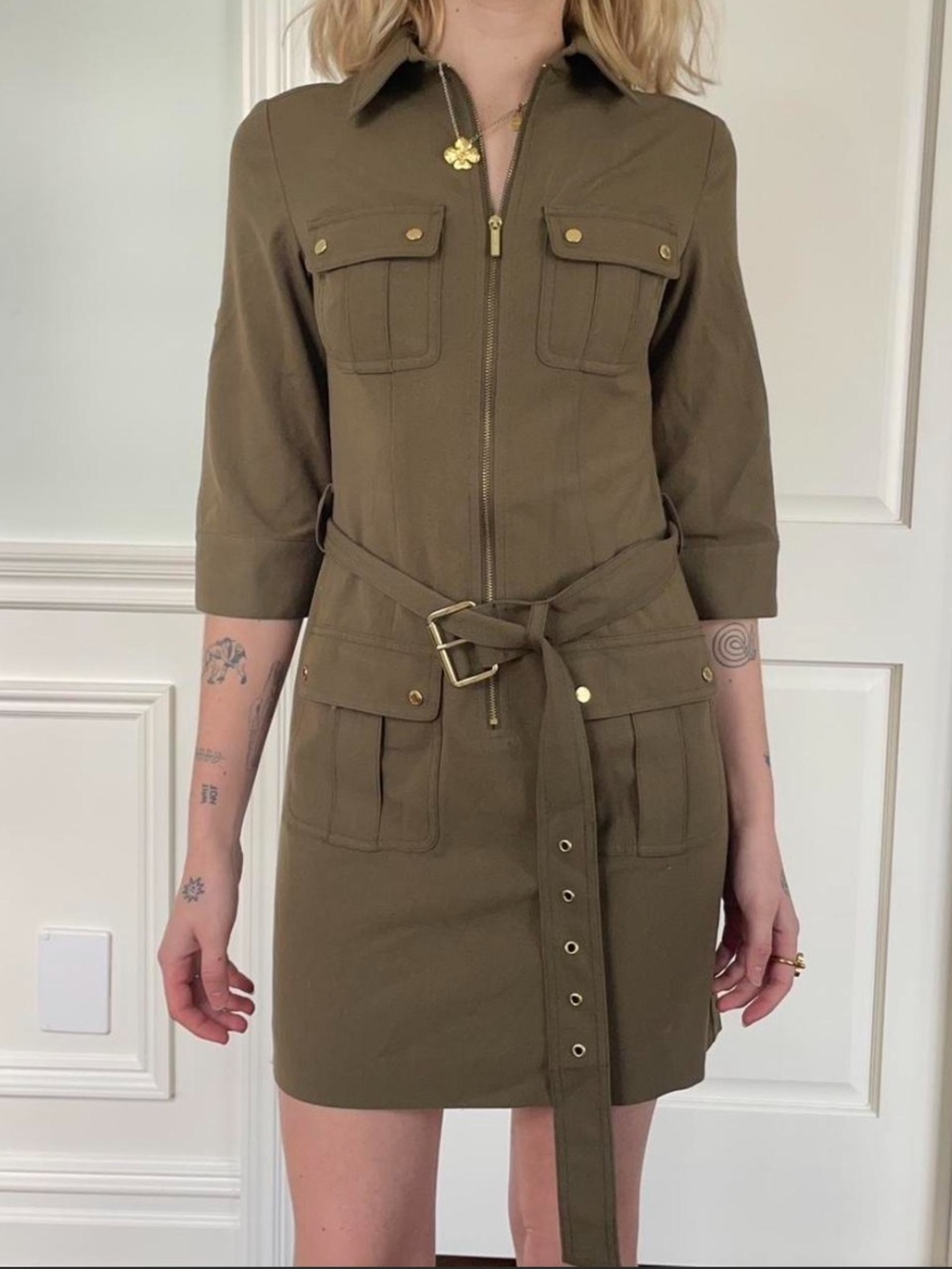 Michael Kors Women’s Olive Green Utility Military Shirt Dress XL